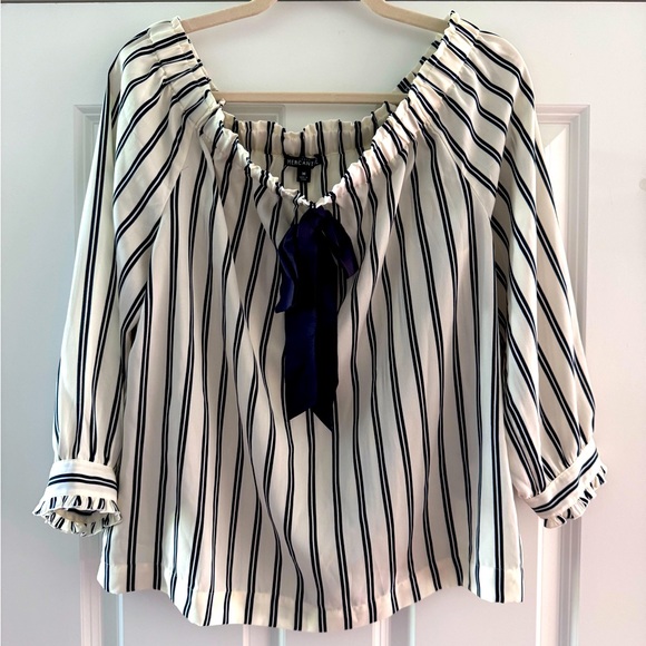 J. Crew Mercantile Off-The-Shoulder Bow Blouse SZ M Striped Navy & Cream - Picture 3 of 15